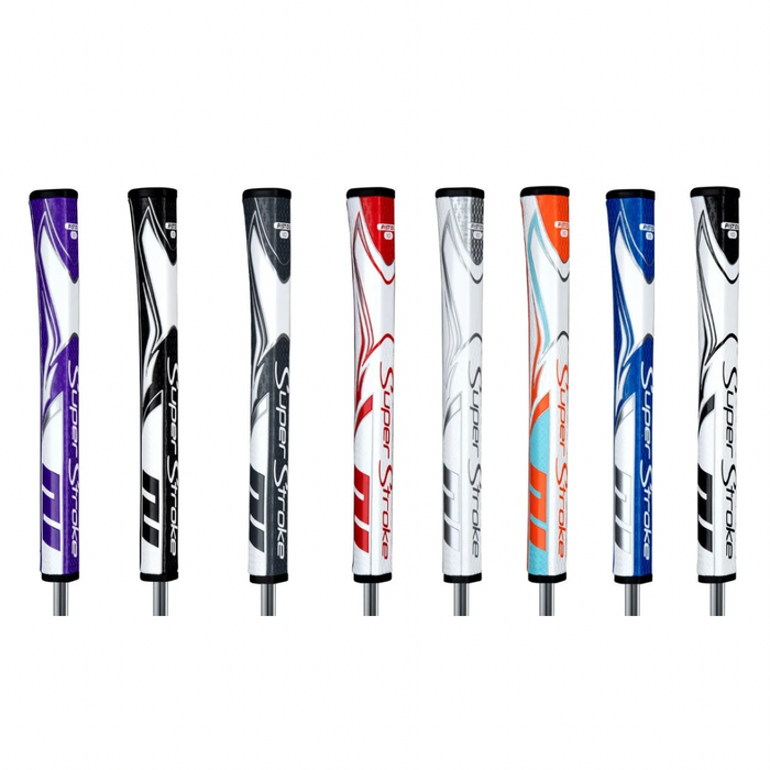 A collection of SuperStroke Zenergy Pistol 2.0 putter grips in various colors.