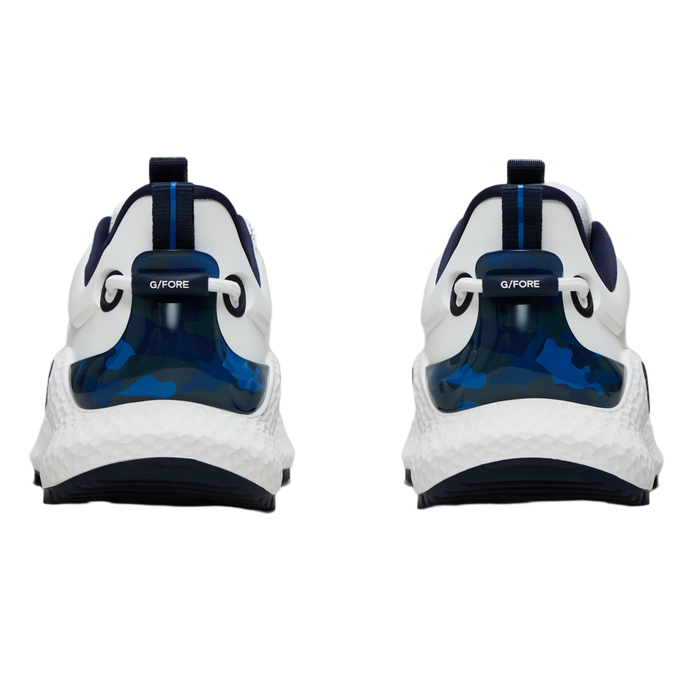 G/FORE MG4+ O2 Camo Accent Men's Spikeless Golf Shoes - New - white and navy back view of camo heel