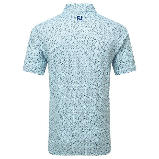 Light blue patterned polo shirt with a brand logo on the chest on a white background