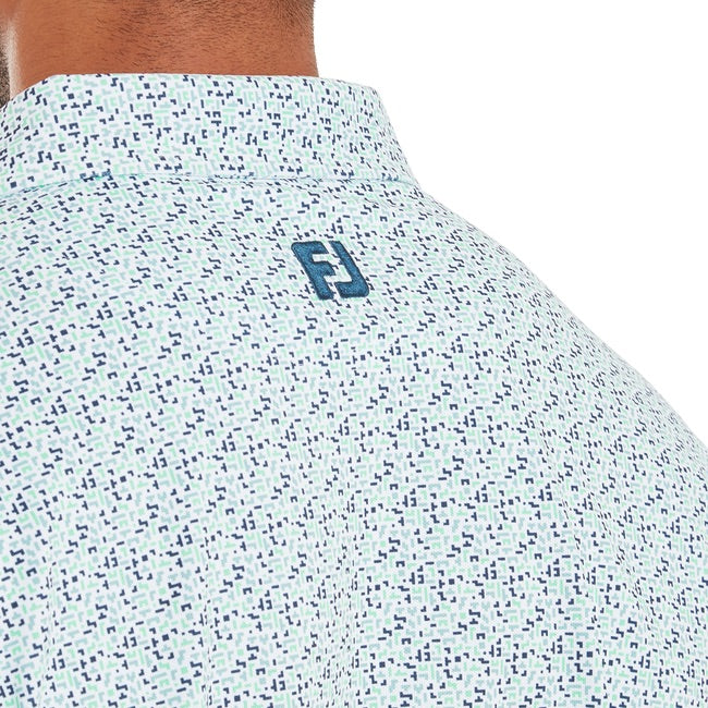 FootJoy Gamer Print Pique Golf Polo Shirt - White / Steel Blue / Navy / Seafoam