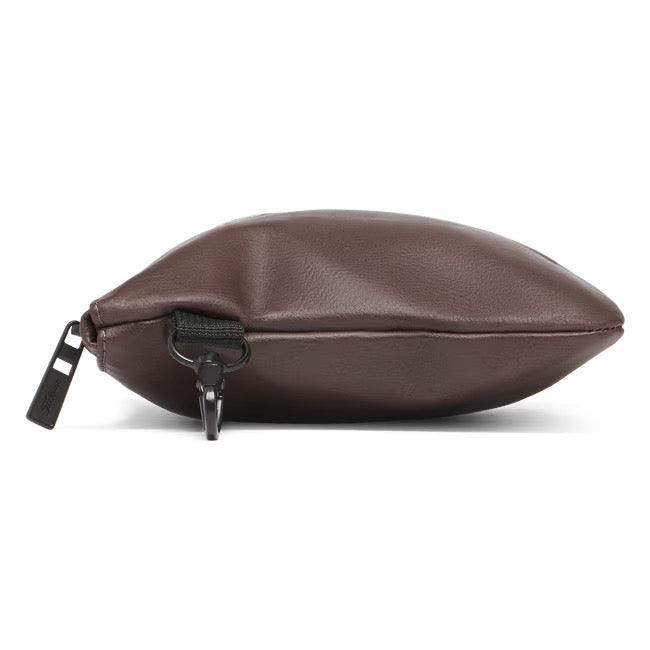 Side view of a brown leather Titleist Birthplace of Golf zippered valuables pouch with a black metal clip.