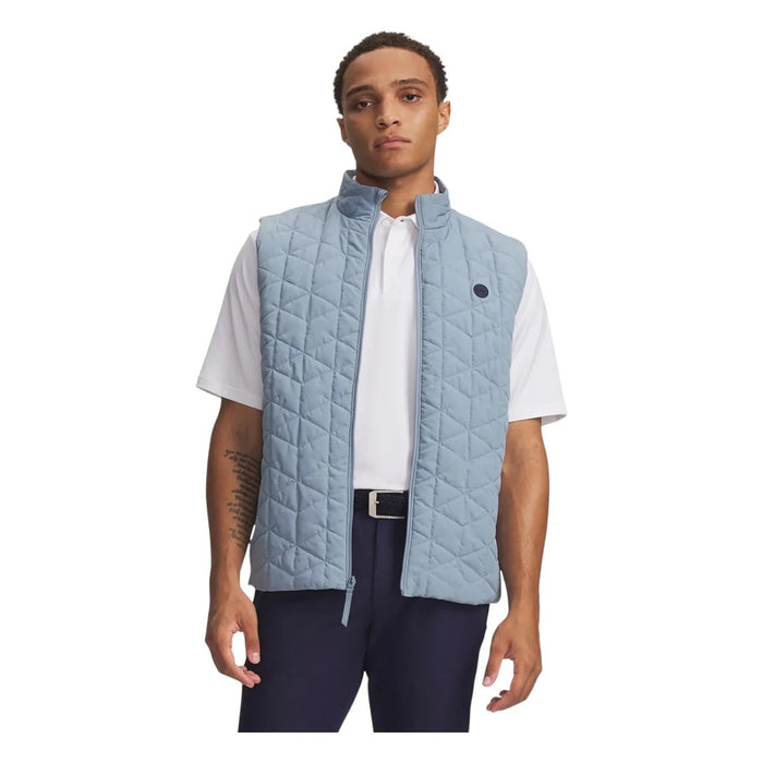 Under Armour Drive Pro insulated men's golf gilet in blue wind, featuring a quilted front design, zip-up front view.