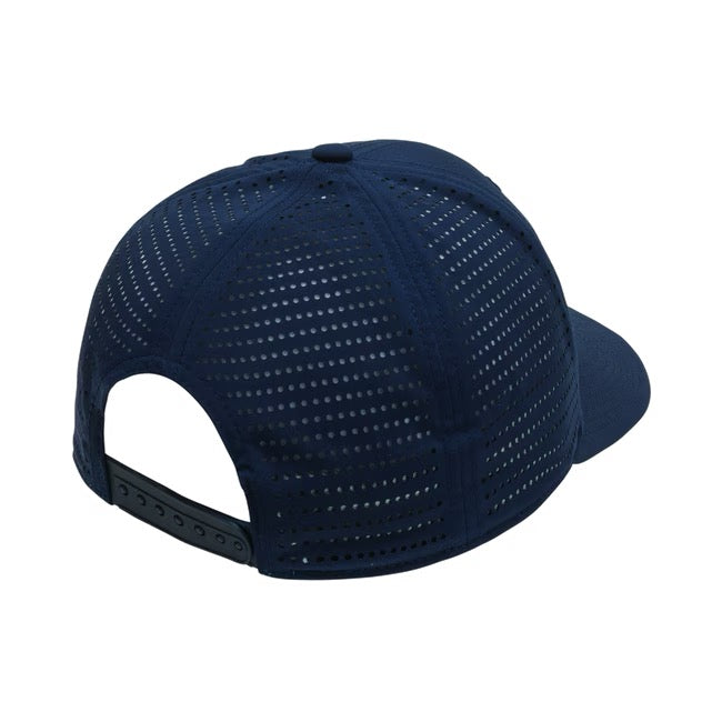 Back view of a navy blue FootJoy Perforated Trucker Golf Cap with an adjustable snapback closure.
