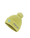 PING Cresting Knit Fore Get Me Not golf beanie in limelight yellow with a pom-pom, side view featuring logo and flower.