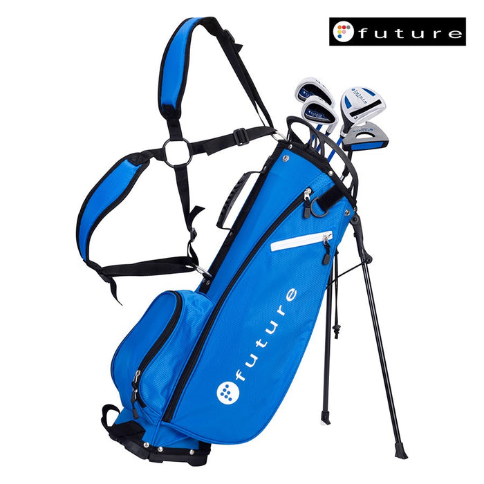 Future Junior Golf Set in blue for ages 10-12, featuring a stand bag with shoulder straps and matching golf clubs.
