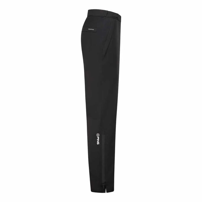 PING AquaDrive Pro men's waterproof golf trousers in black, side view showing branding and zipped leg hem.