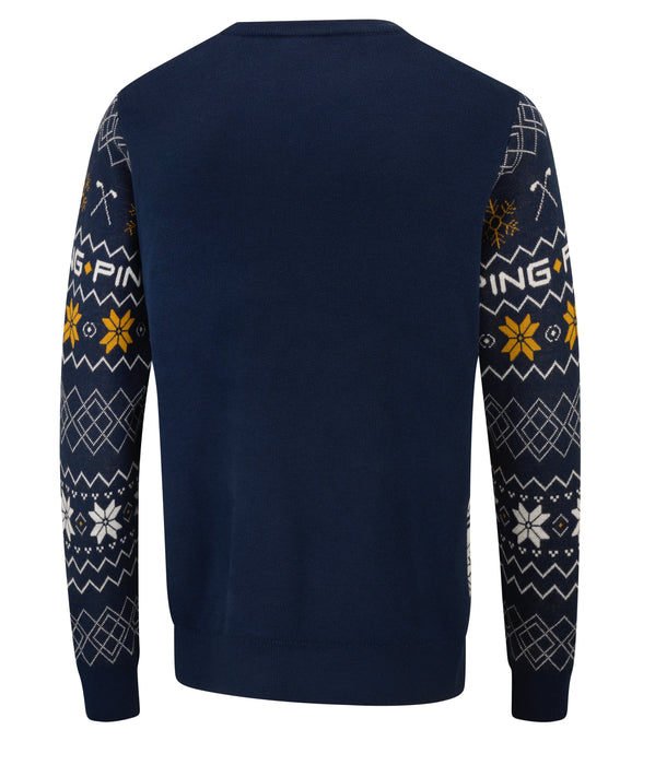 Back view of navy Ping Festive Mr. Ping Christmas jumper with patterned sleeves featuring white and yellow snowflake designs.
