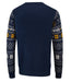 Back view of navy Ping Festive Mr. Ping Christmas jumper with patterned sleeves featuring white and yellow snowflake designs.