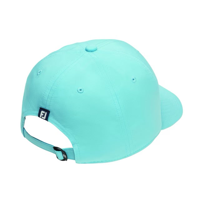 FootJoy Performance Golf Cap in light blue, rear view showing the adjustable strap and FJ logo tab.