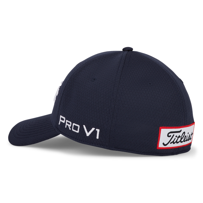 titleist tour elite fitted hat in navy side vire showing pro v1 logo
