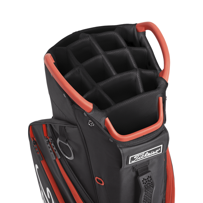 Titleist Cart 14 Lightweight Golf Cart Bag in black and red. View of the 14 way divider