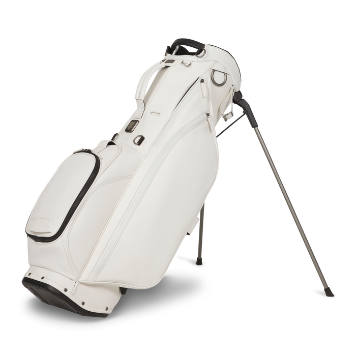 A white Titleist LINKSLEGEND Classic Members II Golf Stand Bag with black trim and dual metal legs, shown on a clean white background.