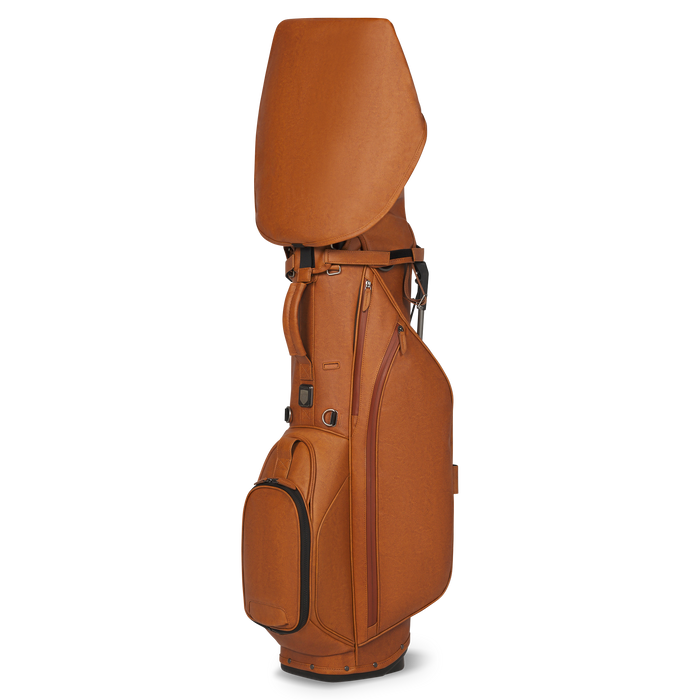 A tan leather golf Titleist LINKSLEGEND Classic Members II Golf Stand Bag shown from a side profile view against a solid white background.