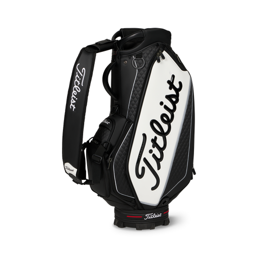 A black and white Titleist Tour Series Tour Golf Bag II with a large white front panel featuring the black Titleist logo, shown on a clean white background.