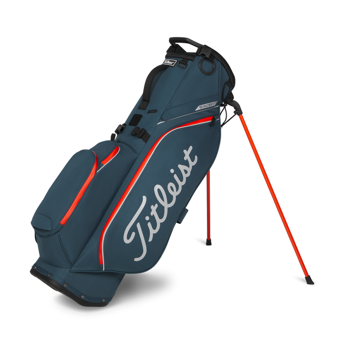 Titleist Players S4 StaDry Golf Stand Bag in monterey blue and flame on its stand