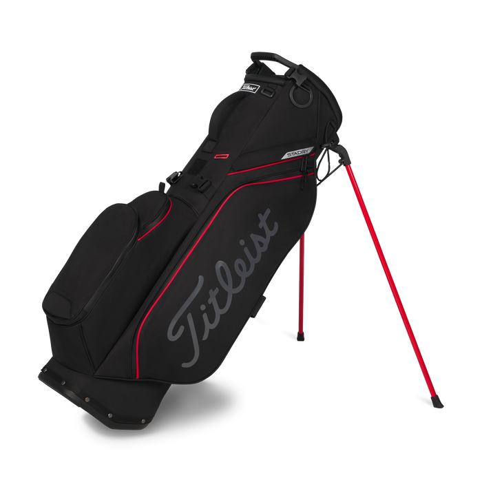 Titleist Players S4 StaDry Golf Stand Bag in black red on its stand