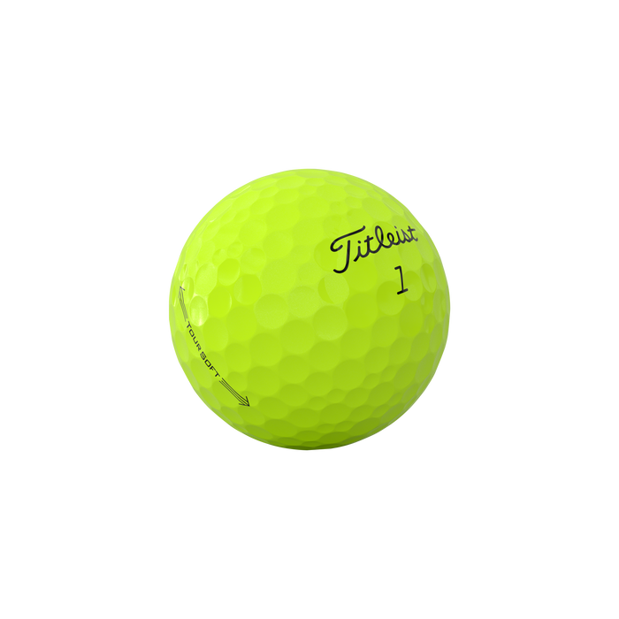 Titleist Tour Soft Golf Balls 2026 - yellow ball showing titleist and tour soft logo