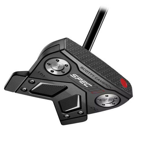 Scotty Cameron Phantom 11R OC Spec III putter in matte black with silver sole weights and red detailing, rear view.