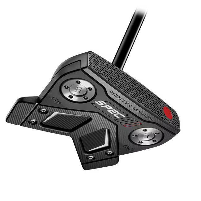 Scotty Cameron Phantom 11R OC Spec III putter in matte black with silver sole weights and red detailing, rear view.