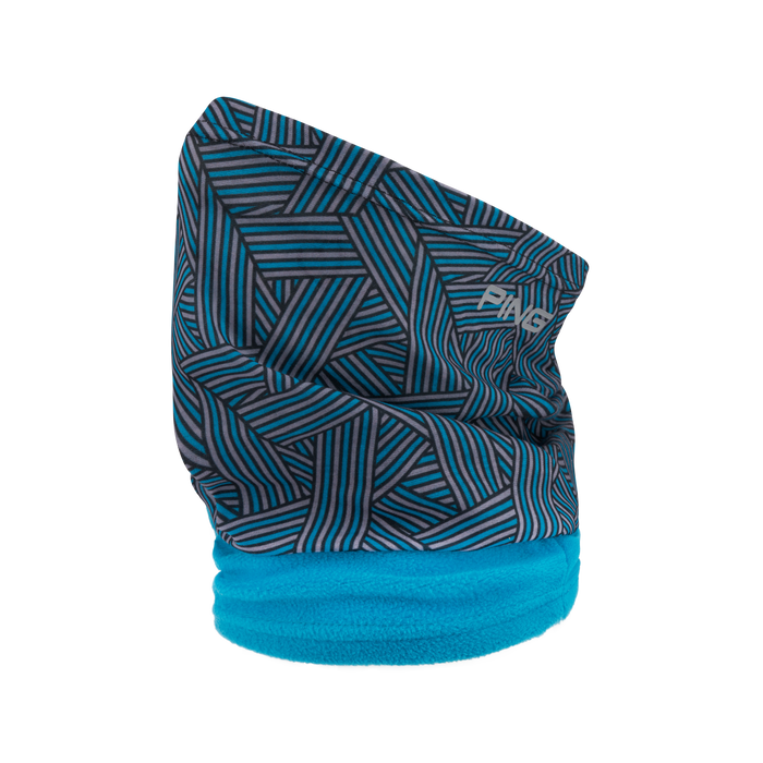 PING Finch Neck Warmer in Process Blue with a geometric pattern and soft fleece lining, side view.