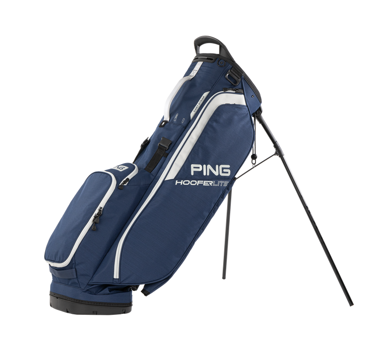 PING Hoofer Lite Golf Stand Bag navy and platinum on its stand