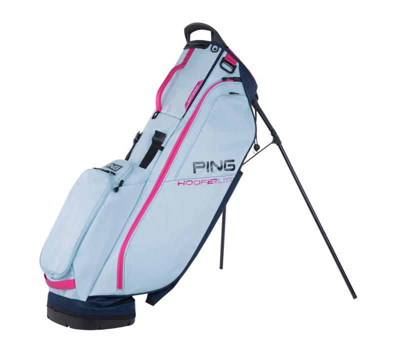 PING Hoofer Lite Golf Stand Bag light blue and pink on its stand