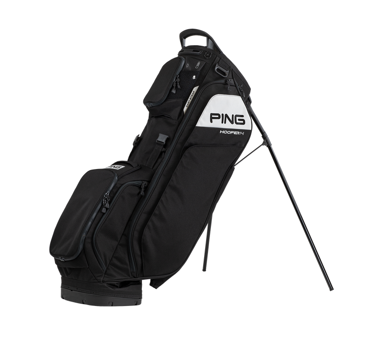 PING Hoofer 14 Golf Stand Bag in black standing on its stand