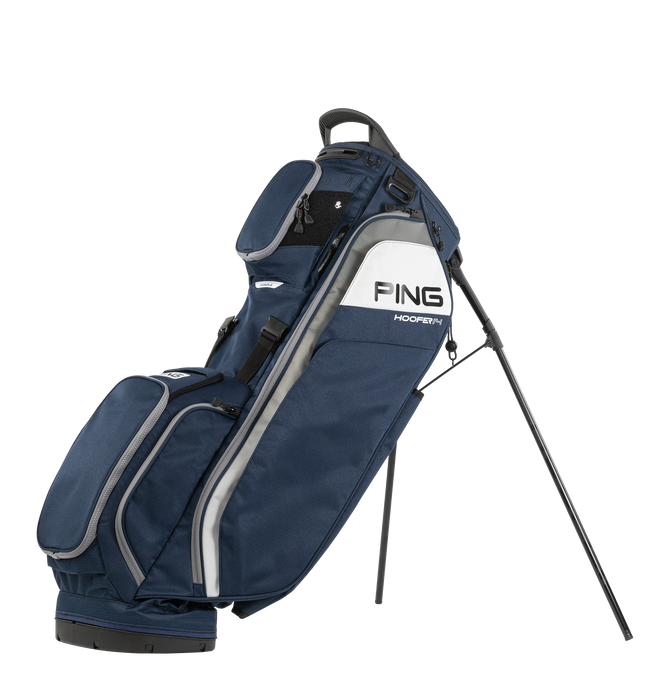 PING Hoofer 14 Golf Stand Bag navy grey standing on its stand