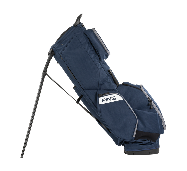 PING Hoofer 14 Golf Stand Bag navy grey standing on its stand side view
