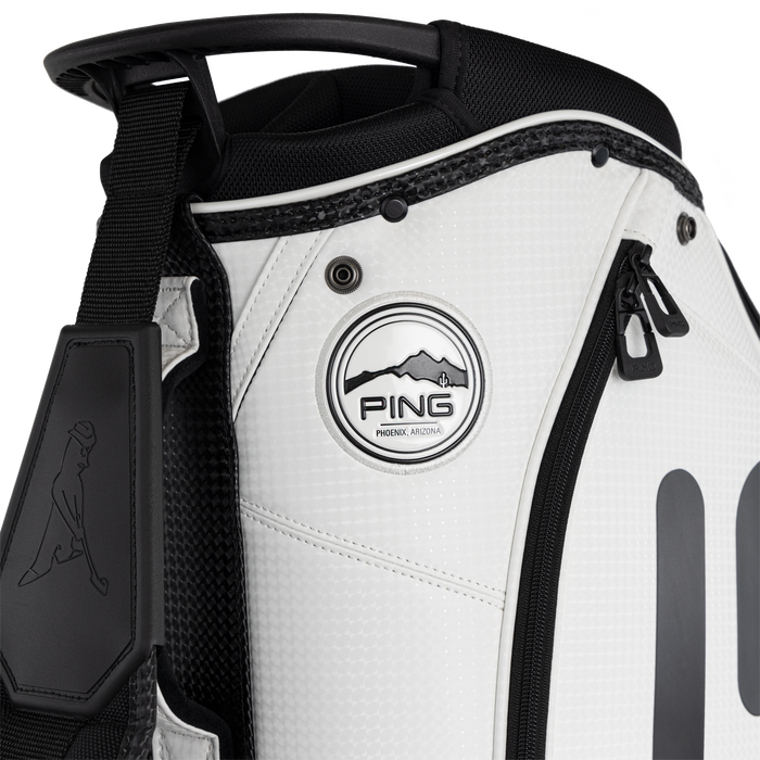PING Tour Staff Golf Bag close up of logo