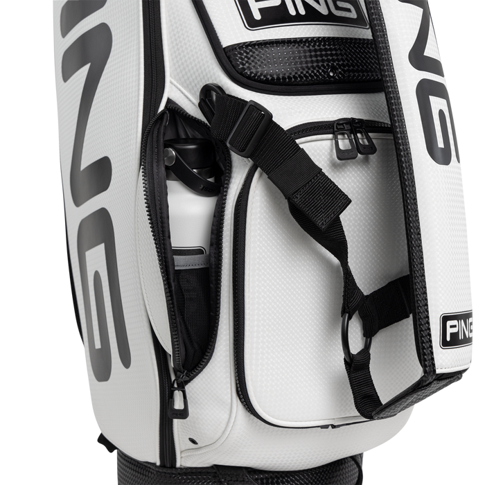PING Tour Staff Golf Bag close up of water bottle pocket