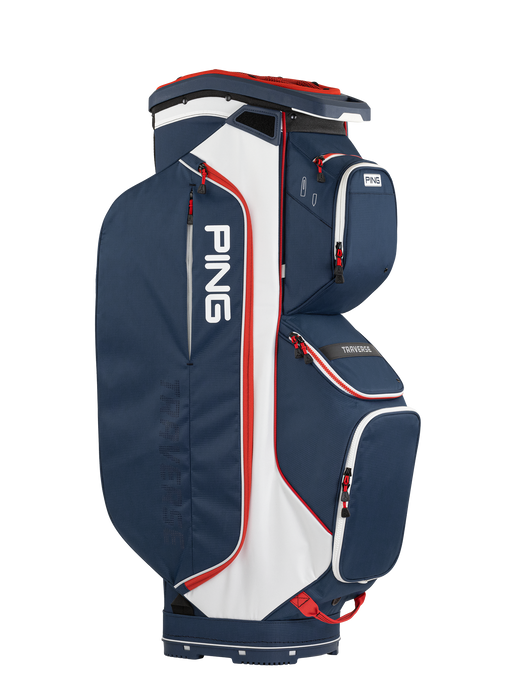 Ping Traverse Golf Cart bag in navy white re full view of the bag