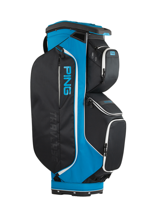 Ping Traverse Golf Cart bag in black and blue, full view of the bag