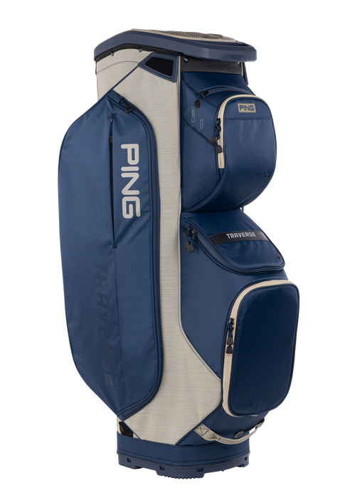 Ping Traverse Golf Cart bag in navy heather sand, full view of the bag
