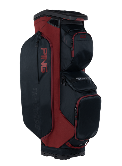 Ping Traverse Golf Cart bag in black heather red, full view of bag