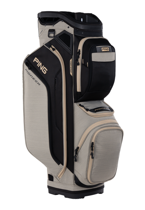 PING Pioneer Golf Cart Bag in beige and black full view of bag