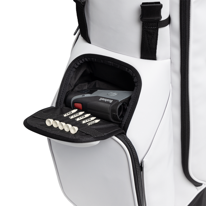 PING Hoofer Tour Golf Stand Bag close up of tee and bushnell pocket