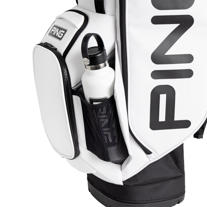 PING Hoofer Tour Golf Stand Bag closeup of water bottle pocket