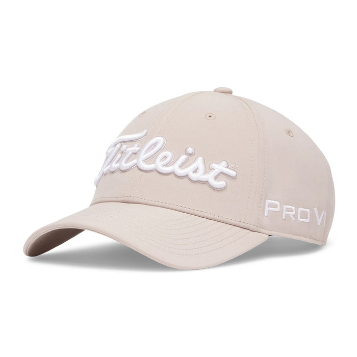 Titleist Tour Performance golf hat in barnwood and white, side view featuring embroidered branding.