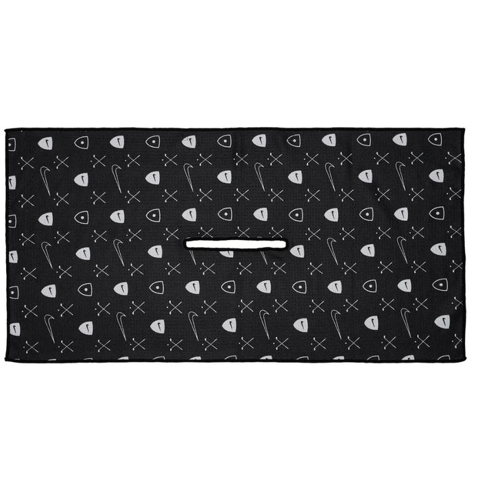 Nike Caddy Golf Towel 2.0 in black with a white graphic pattern of Swoosh logos and golf icons, featuring a centre slit.