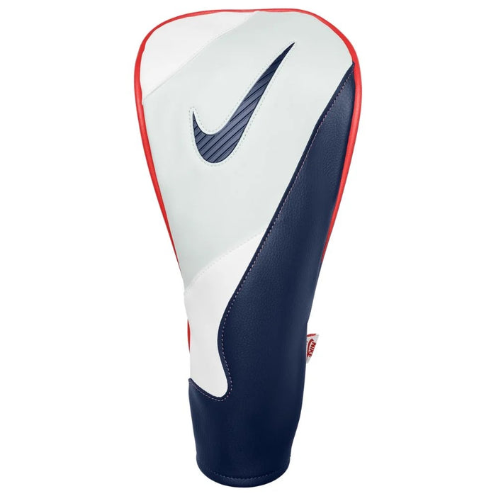 Nike Icon Driver Headcover in midnight navy, white, and red with a textured Swoosh logo, front view.