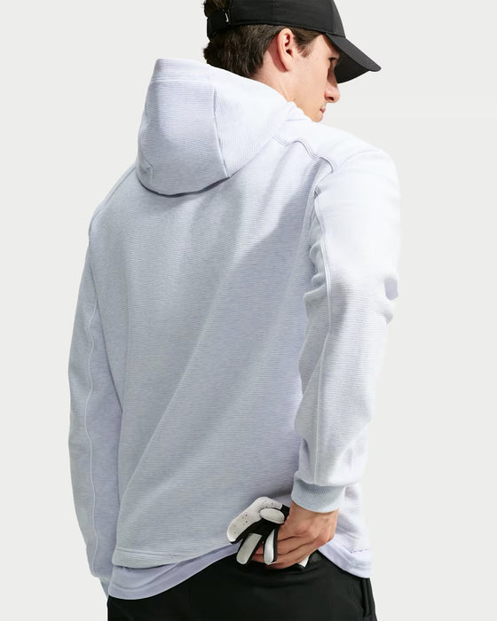 Back view of a white Nike Par Men's Therma-FIT golf hoodie with a textured fabric finish and hood.