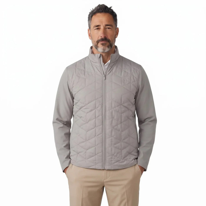 Front view of a titanium grey Under Armour Drive Pro insulated golf jacket with a quilted chest and zip-up collar.