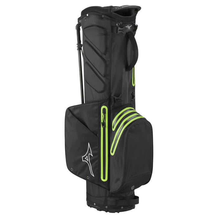 Mizuno BR-DRI waterproof golf stand bag in black with lime green zip accents and white branding, side view.