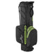 Mizuno BR-DRI waterproof golf stand bag in black with lime green zip accents and white branding, side view.