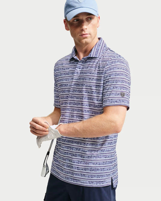Nike Par Men's Dri-FIT striped golf polo in palest purple, featuring a collared neck and short sleeves, front view.