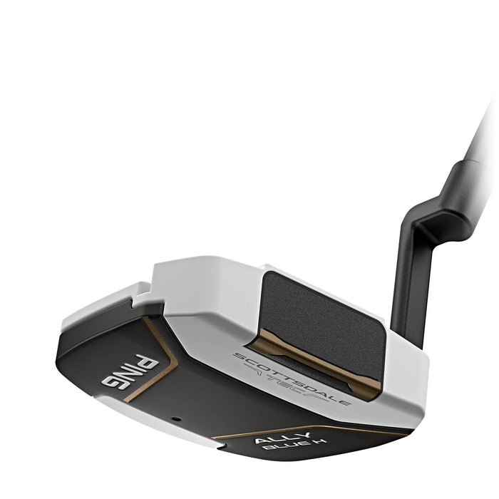 PING Scottsdale TEC Ally Blue H putter in a white, black, and bronze finish, viewed from the rear angle.