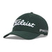 Titleist Tour Performance golf hat in pine green with white embroidered logo and side text, side view.