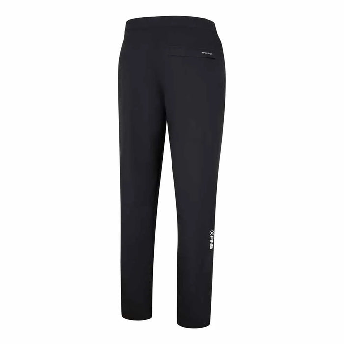 Back view of black PING AquaDrive Pro waterproof golf over trousers with a rear pocket and white logo detail.