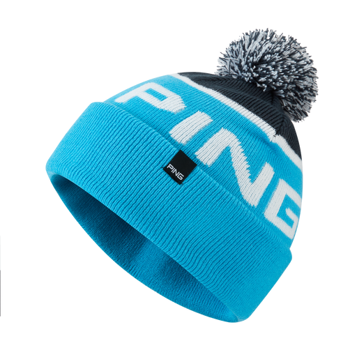 PING Anderson bobble golf hat in cyan, white, and black with a knitted design and branded front tab, side view.